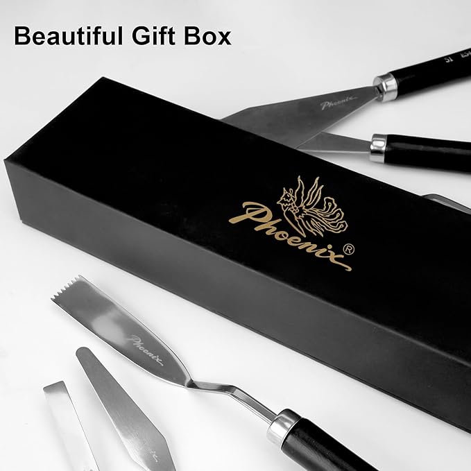 PHOENIX High Flexible Palette Knife Set, 5 Pieces Stainless Steel Painting Knives (33,34,45,46,52) Art Knife with Wood Handle, Paint Spatula for Oil Acrylic Paint - Painting Tools for Artists