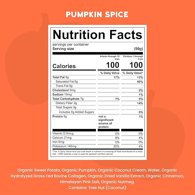 Serenity Kids 6+ Months Dairy-Free Smoothie Baby Food - USDA Organic Grass-Fed Collagen & Pumpkin Protein - 3.5 Oz BPA-Free Cans - Pumpkin Smoothie Baby Food - 6 Count
