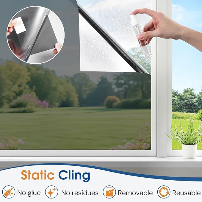 Homein One Way Privacy Window Film with Tool Window Tint for Home See Out Not in Heat Control Sun Blocking Mirror Reflective Anti UV Covering Static Cling No Glue Black-Sliver 17.5 x 157.4 inch