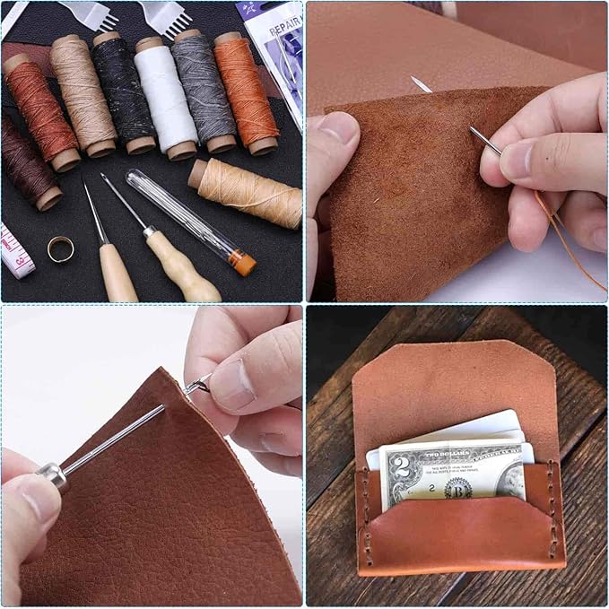 Cridoz 35 Pcs Leather Pouch Kit with Hole Punch, Sewing Tools, Waxed Thread and Large-Eye Stitching Needles for Beginner Crafting Projects