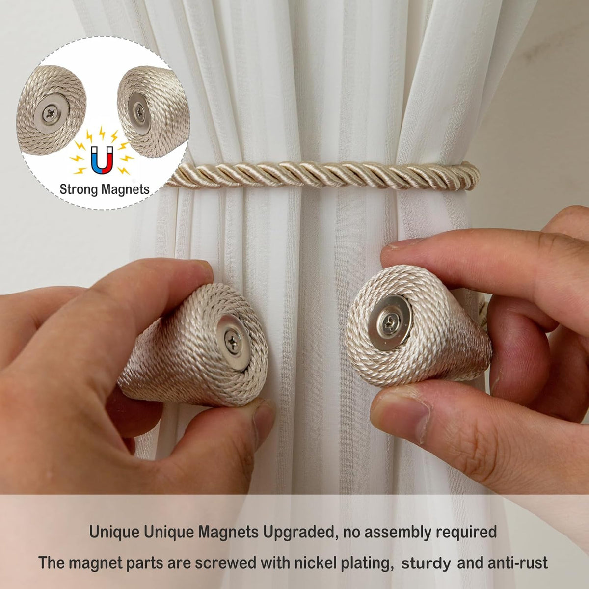 Magnetic Curtain Tiebacks 2 Pack Outdoor Rope Curtain Tie Backs Decorative Window Treatment Holdbacks for Home Decorative Curtain, Beige