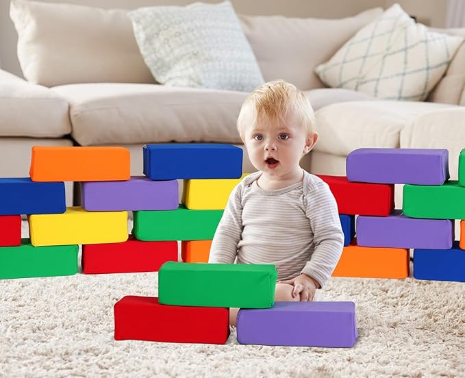 Toddler Foam Buliding Blocks - 12 Piece Fabric Covered 9x4x3inch Stacking Block Sets - Colourful Soft Play Set for Kids Idea for Building and Throwing Fun