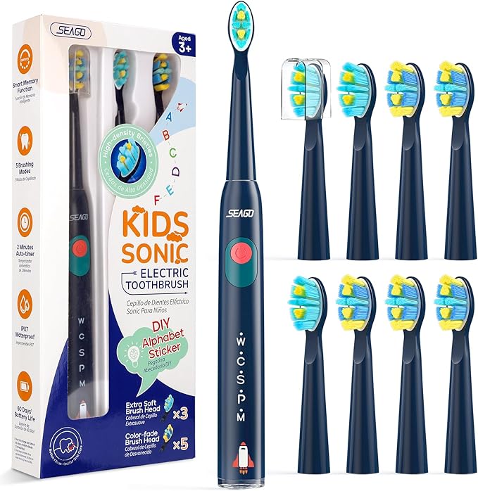 SEAGO Kids Electric Toothbrush, Rechargeable Sonic Soft Bristle Toothbrushes with 8 Brush Heads, DIY Stickers and 5 Modes, Ideal for Kids and Children, Ages 3–12，SG2303(Navy)