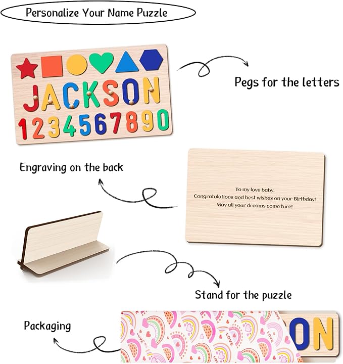 Personalized Name Puzzle for Kids, Personalized Baby Gifts Name Puzzles for Toddlers 1-3, 1st Birthday for Girls & Boys Wooden Alphabet & Shape Puzzle Montessor Toys for Kids