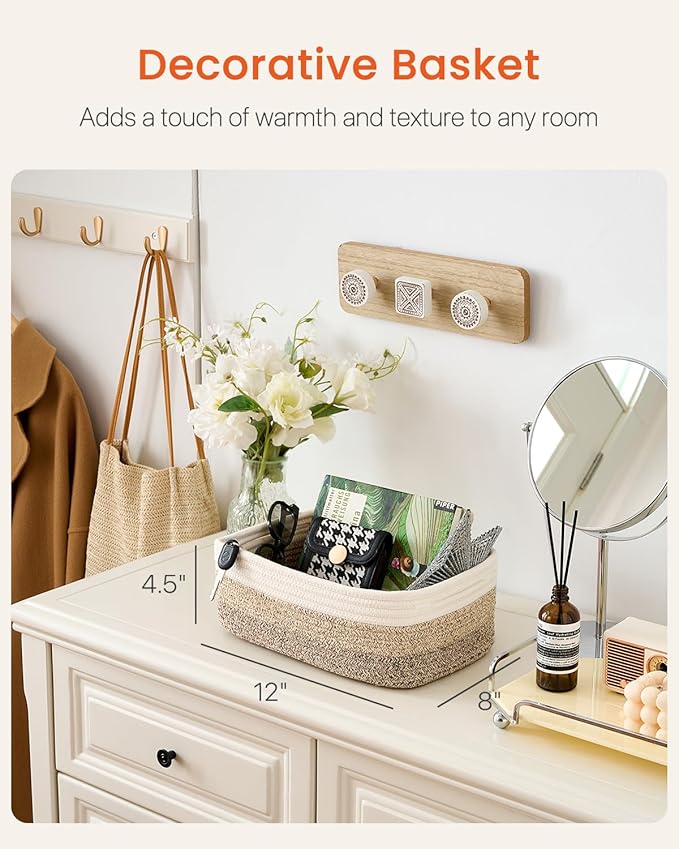 KALLAX Small Woven Basket, 12 x 8 x 4.5 Inches, Storage Basket for Organizing, Cute Small Rope Shelf Closet Cube Storage Bins Baskets for Shelves, Dog Toy Gift Baskets Empty, 3 Pack Gradient Brown