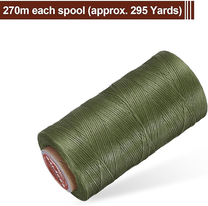 uxcell Flat Leather Sewing Waxed Thread, 270m / 295 Yards Polyester Wax String, 150D Wax Stitching Cord for Leather Crafts, Bookbinding, Bracelets Braided, Grass Green