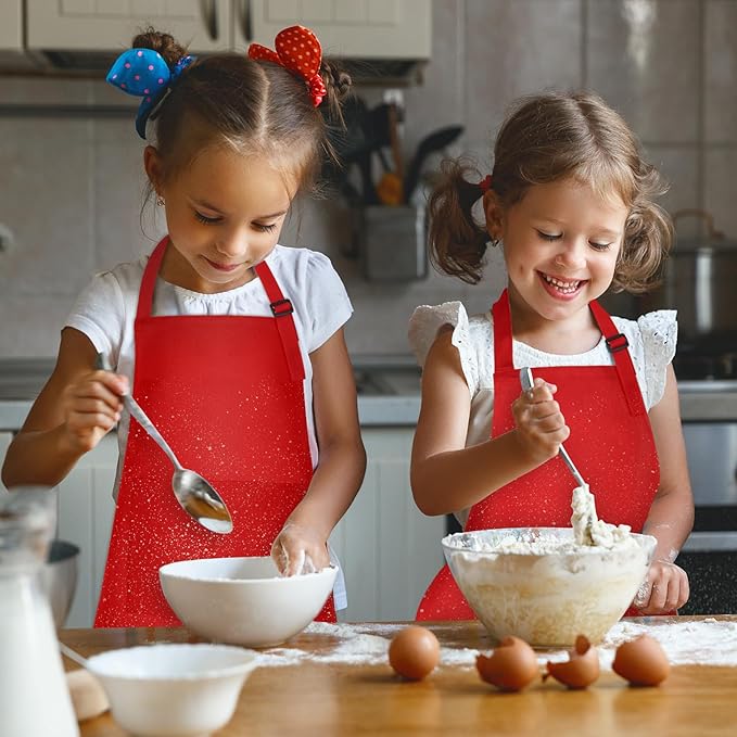 PLULON 12 Pcs Aprons for Kids Adjustable Kids Red Apron Bulk with Pocket Painting Aprons For Boys Girls Painting Cooking Baking (Red)
