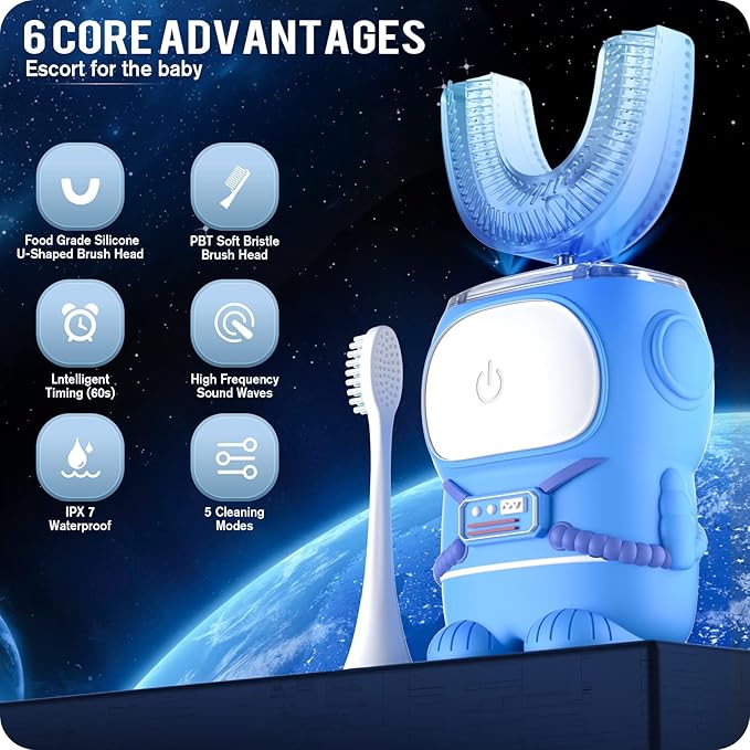 Ultrasonic Kid's U-Shaped Electric Toothbrush, IPX7 Waterproof, Five Cleaning Modes, 60S Smart Reminder (Cartoon Astronaut,Blue Ages 2-6)