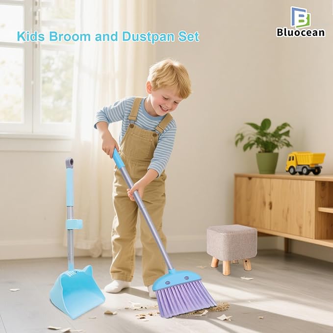 28′′ Mini Broom and Dustpan Set for Kids-Ideal Kids' Toys as Gifts, Parent-Child Interactive Cleaning Tool, Cute Cartoon Design, Household Helper for Toddlers, Small Safe Corner Broom (Blue Bubble)