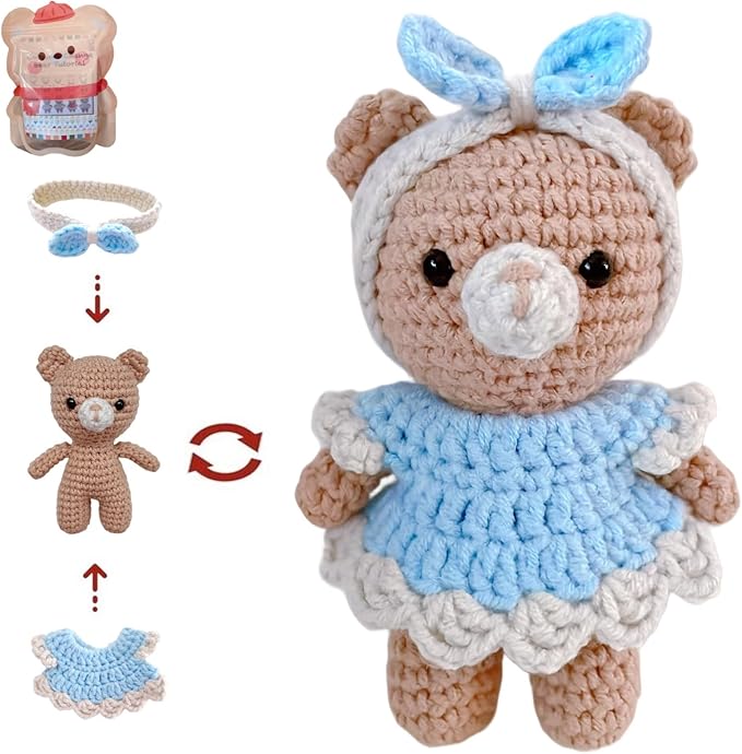 LoopMap Crochet Kit for Beginners - DIY Amigurumi Bear with Removable Dress & Accessories - Step-by-Step Video Tutorials, Extra Yarn, Crochet Tools, Handmade Gift for Kids & Adults (Bear K01, Blue)