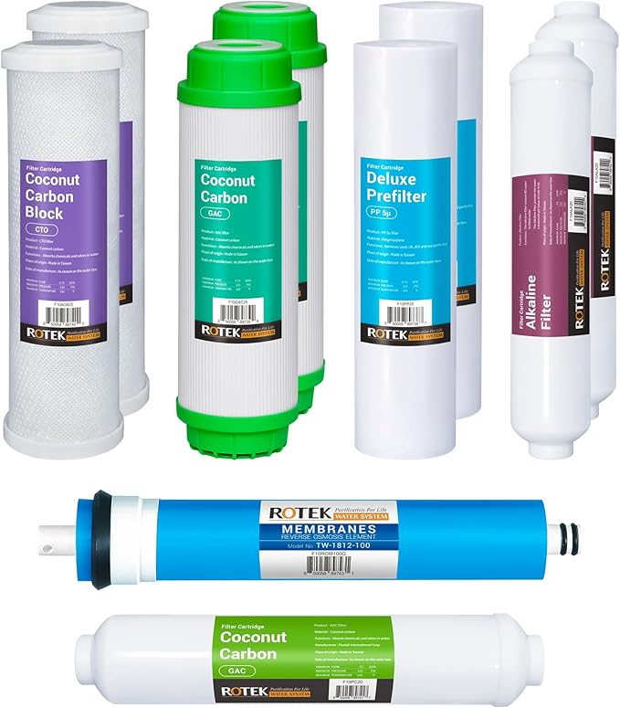 Reverse Osmosis Alkaline pH+ Water Filter Set | 10 Replacement Water Filters with 100 GDP Membrane | 1 Year Supply | Under Sink RO Water Filter | PP, GAC, CTO, ROM, PC, ALK | Universal 10 Inch Size