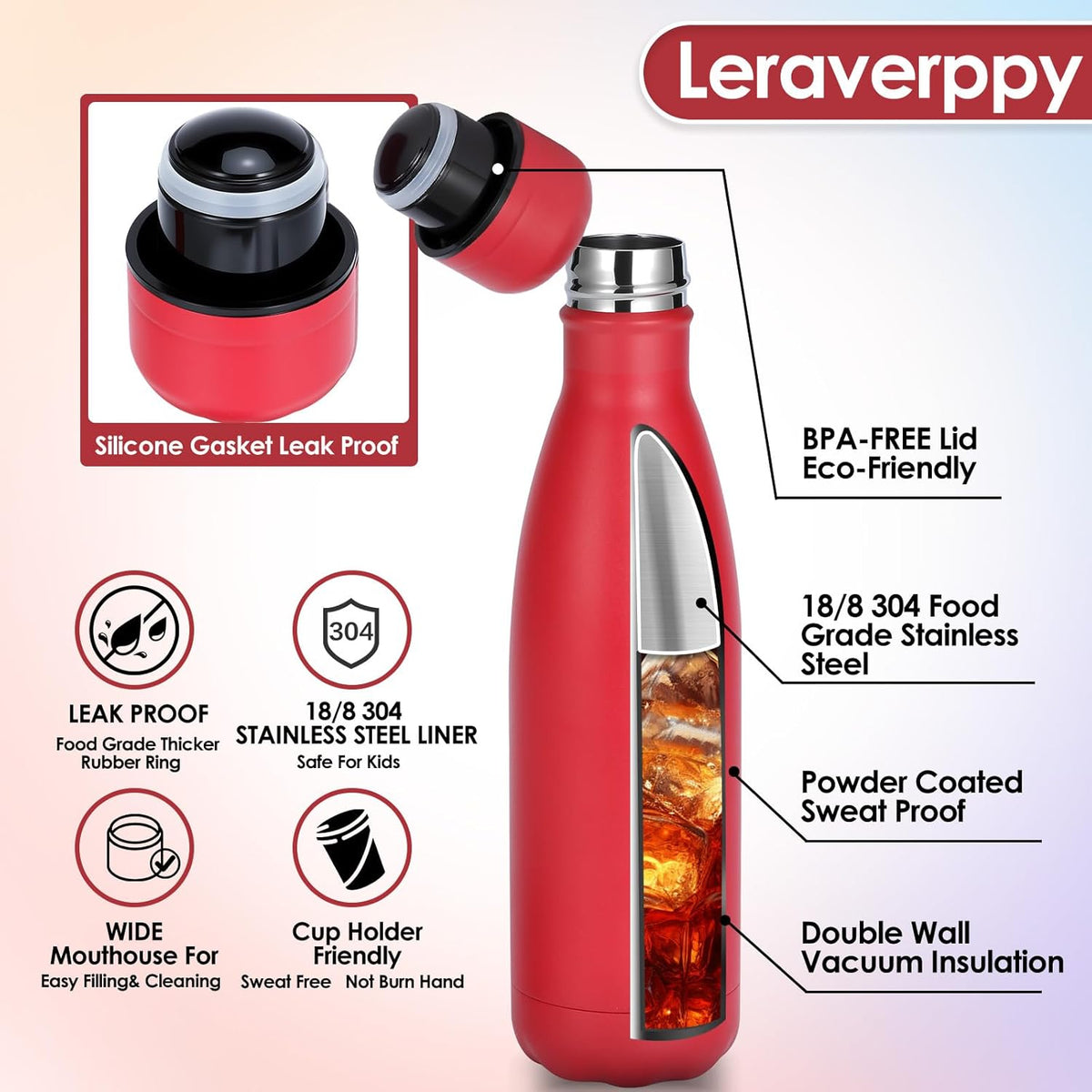17oz Cola-Bottle Shaped Stainless Steel Leak-proof Water Bottle,Double Wall Vacuum Insulated Metal,Travel Mug For Sports Indoors & Outdoors,BPA-Free School Kids Flasks,Red(8 Pack)