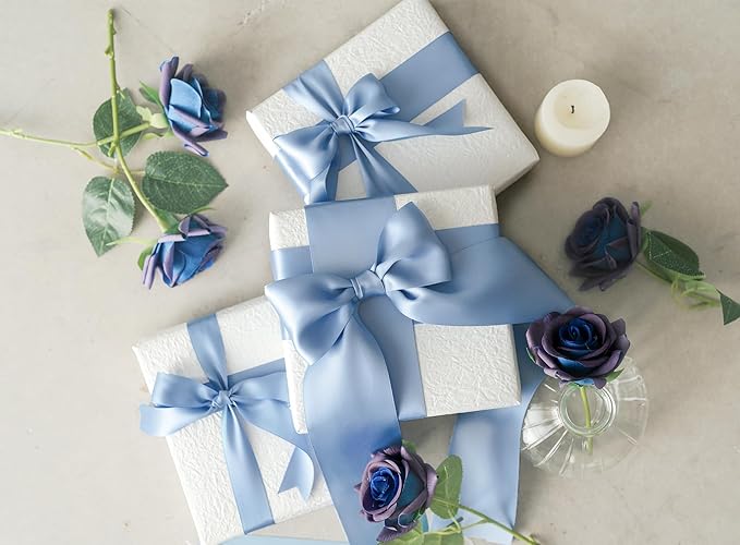 French Blue Satin Ribbon 2.5 Inch Double-Faced Ribbons 25 Yards for Gift Wrapping Flower Bouquet Wedding Paper Bows Invitations Crafts