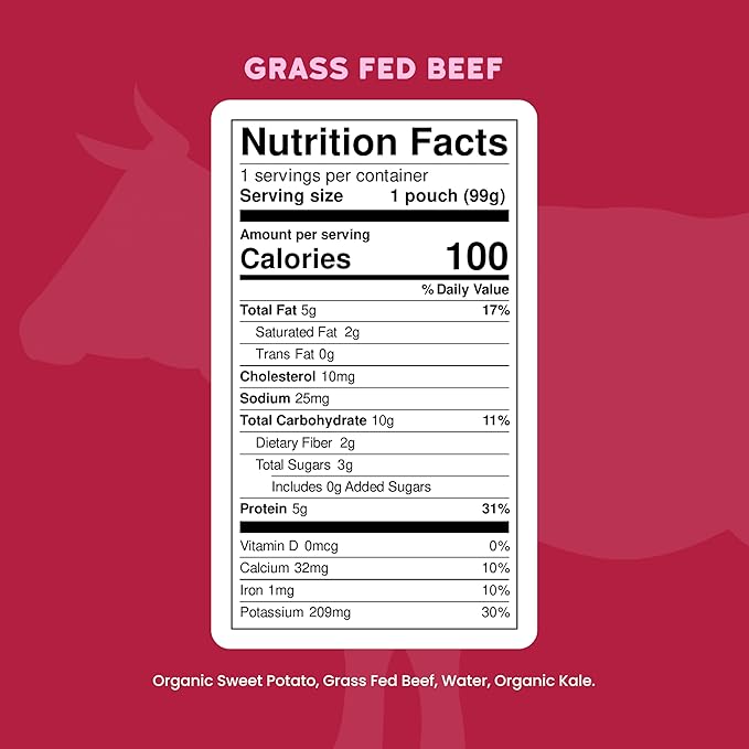 Serenity Kids 6+ Months Baby Food Pouch Puree - Grass Fed Beef, Kale & Sweet Potato - Ethically Sourced Meat & Organic Veggies - BPA-Free, 3.5 Ounce, 12 Count
