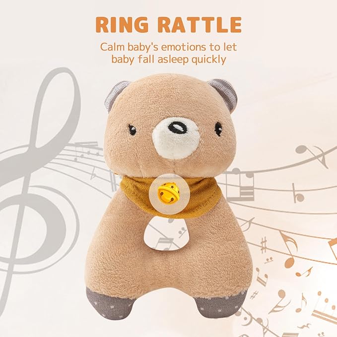 Organic Cotton Stuffed Animal Rattle Baby Toys, Plush Bear Cuddle Cloth and Hand Grip Ring Rattles Plush Toy Set for Newborns Infant Boys Girls, 2 PCS