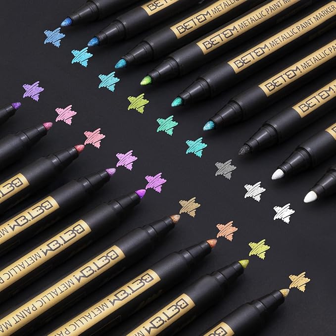 Betem Metallic Paint Markers, 18 Colors Acrylic Paint Markers for Black Paper，2mm Medium Tips Metallic Glitter Pens for Scrapbooking, Rock Painting, Greeting Cards, Photo Albums, DIY Art Crafts