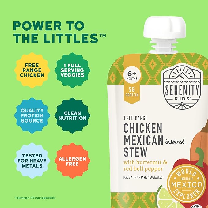 Serenity Kids 6+ Months World Explorers Chicken Mexican Stew Baby Food Pouches - Puree Pouch with Ethically Sourced Chicken & Organic Veggies - BPA-Free - 3.5 Oz, 12 Pack