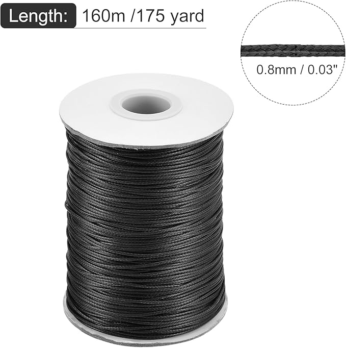 MECCANIXITY Waxed Cord 0.8mm Waxed Polyester Cord 175 Yard Wax String for Bracelet Making,Necklaces, Beading,Jewelry Making and DIY Crafts(Black)