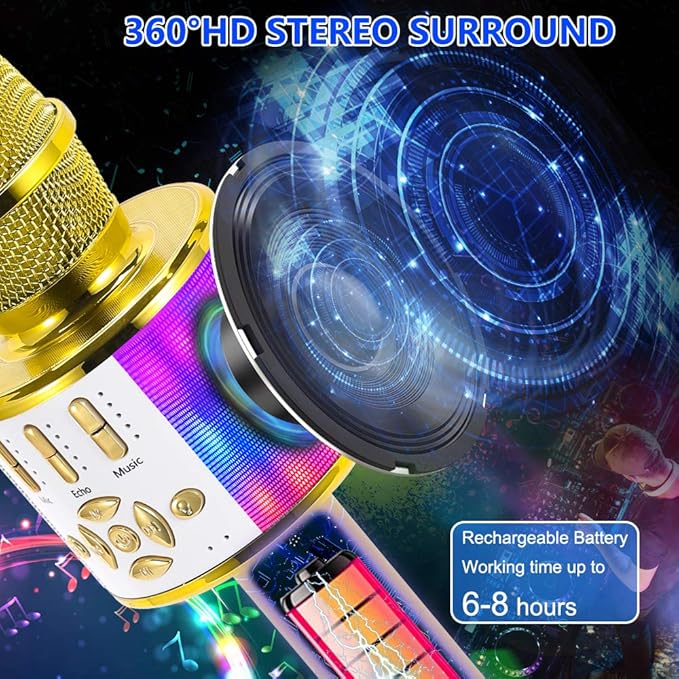 Amazmic Kids Karaoke Microphone Machine Toy Bluetooth Microphone Portable Wireless Karaoke Machine Handheld with LED Lights, Gift for Children Adults Birthday Party, Home KTV(Gold)