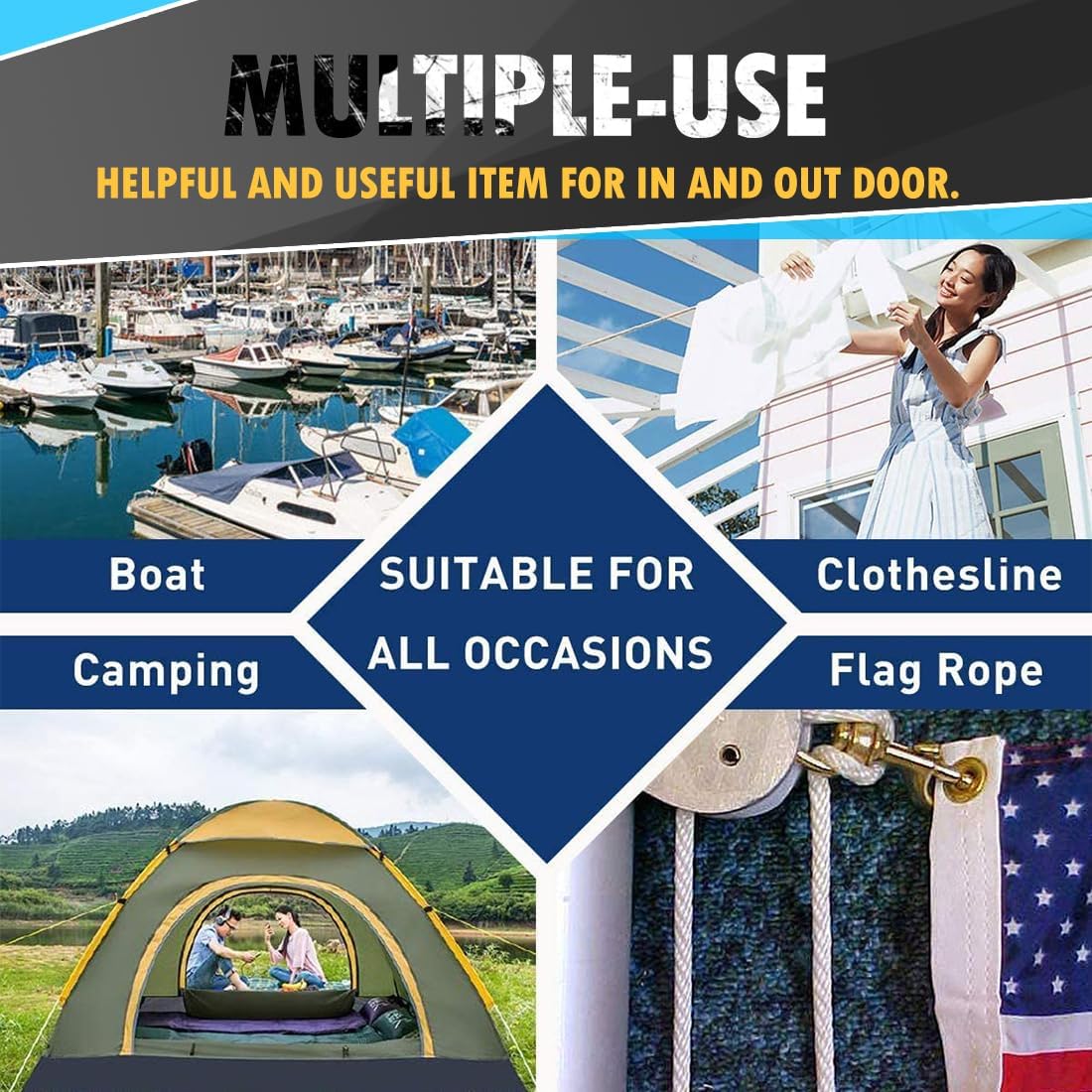 PerkHomy 500lb Cotton Rope 3/16" (5mm) 50 ft Multi Purpose Utility Diamond Braided Cord, Natural Cotton for Clothes Line Camping Crafting Flag Pole, Black