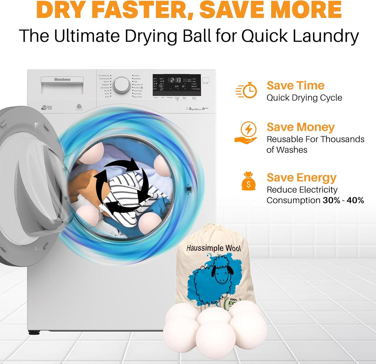 Wool Dryer Balls Organic Felt 6 Pack Laundry Fabric Softener, Extra Large Reusable Handmade Natural Sheep Wool Lint Wrinkle Free Anti Static Baby Safe (Plain White)