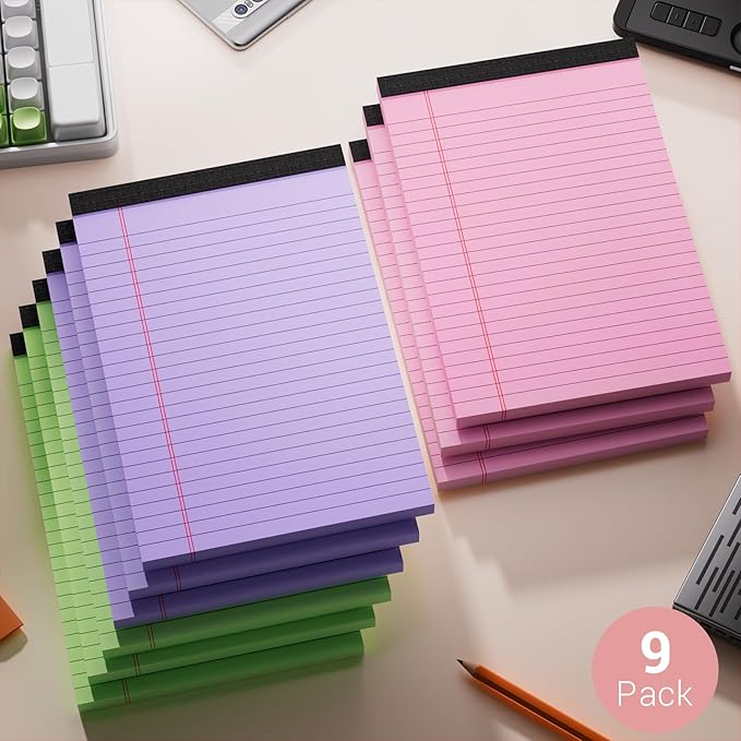 Legal Pads 5x8 Small Note Pads Colored Notepad, 9 Pack, Narrow Ruled Lined Paper, Micro Perforated Writing Pads Memo Pad, 30 Sheet/Note Pads, Notebook Paper Tablet for School, Colored Legal Pad 5x8''