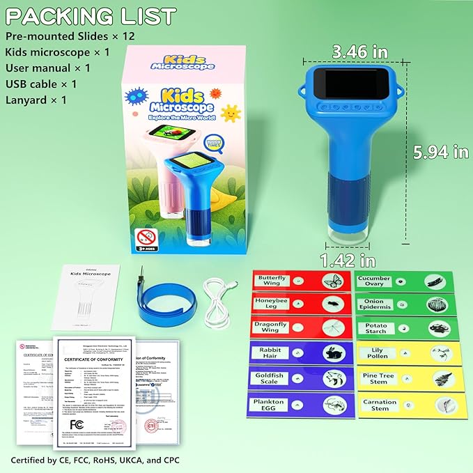 Microscope for Kids with 12 Slides, 100X-1000X 1080P Digital Handheld Kids Microscope, Mini Portable Pocket Miniscope Science Toys Gifts for 3+ 4 5 6 7 8 9 10 11 12 Year Old Boys Girls, Blue