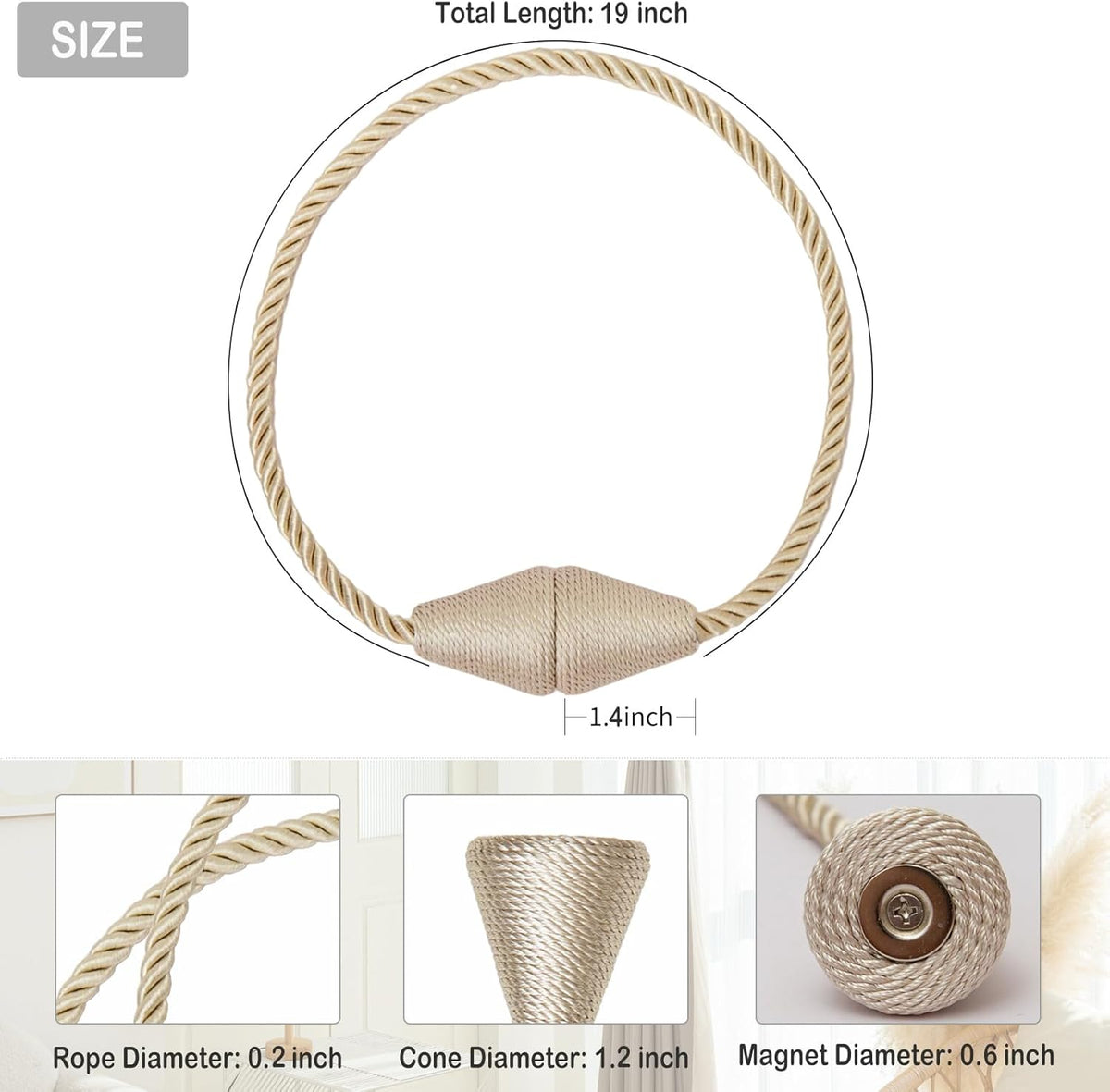 Magnetic Curtain Tiebacks 8 Pack Outdoor Rope Curtain Tie Backs Decorative Window Treatment Holdbacks for Home Decorative Curtain, Beige