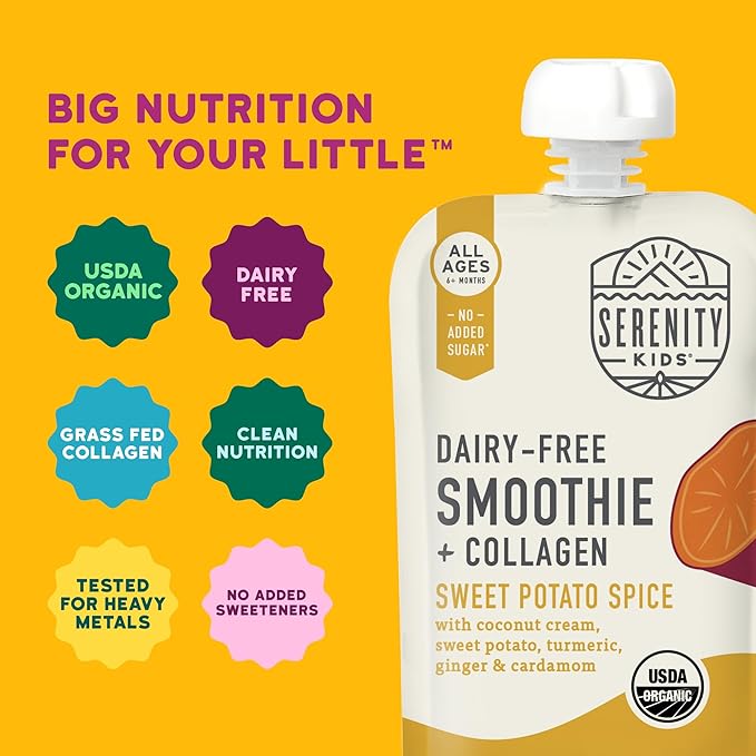 Serenity Kids 6+ Months Dairy-Free Smoothie Baby Food Pouches - USDA Organic, Grass Fed Collagen Protein - 3.5 Oz BPA-Free - Sweet Potato Spice - 6 Count - Smoothie Pouches