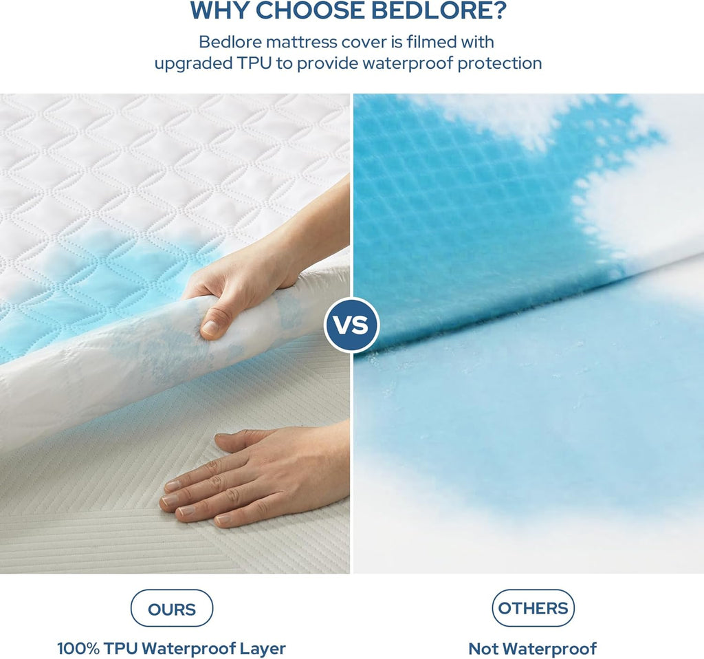 BEDLORE Waterproof Mattress Protector, Twin Size Mattress Pad with Deep Pocket Fitted Up to 6-15 inches, Soft Noiseless Single Bed Mattress Cover for Bedroom, Dorm Room (White)