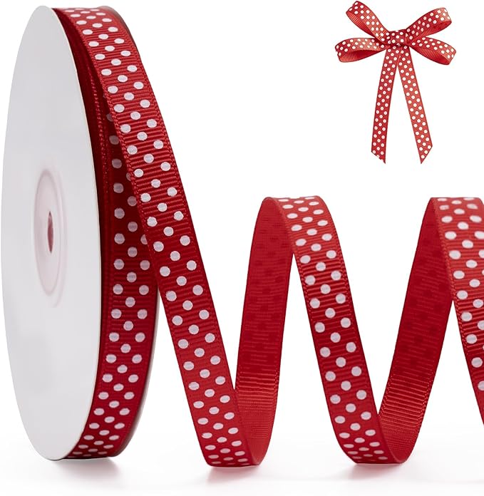 Polka Dot Grosgrain Ribbon 3/8 Inch, 25 Yards Spool Red and White Dot Craft Ribbon for Christmas Gift Wrapping DIY Crafts Hair Bows Wedding Party Decor Sewing and Home Decoration