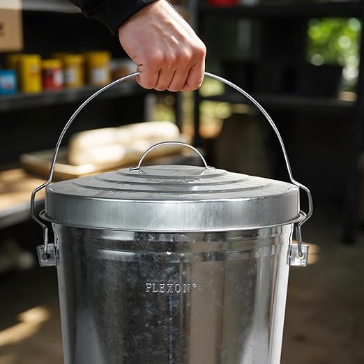 Plexon 6 Gallon Small Metal Trash Can with Lid Outdoor Locking Galvanized Metal Garbage Can with Lid for Poultry Feed Bird Seed Storage Ash Galvanized Bucket