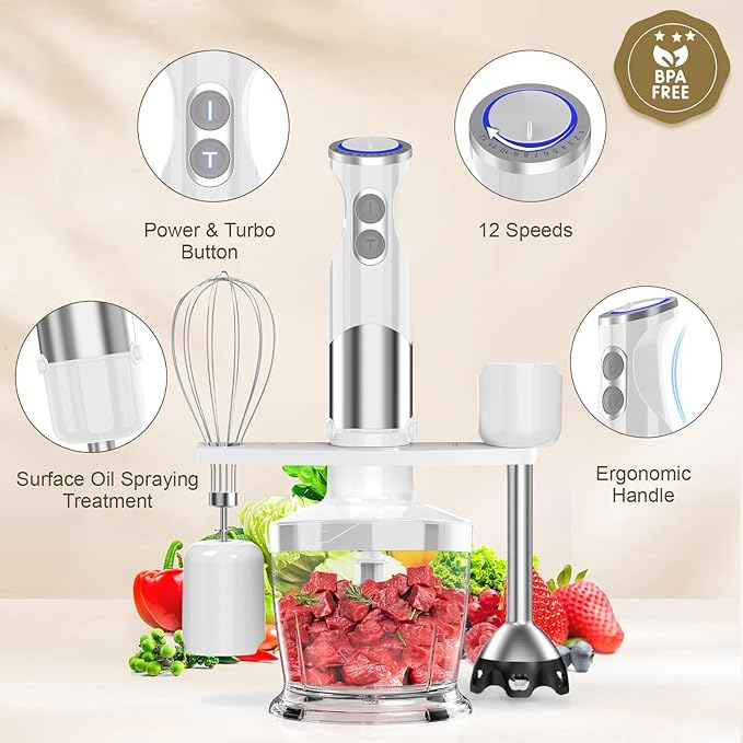 Immersion Blender Handheld Hand Blender - 1100W Non Scratch Stick Blender for Kitchen 12 Speed and Turbo Mode Chopper, Beaker, Whisk and Milk Frother for Milkshake Puree Smoothie Food