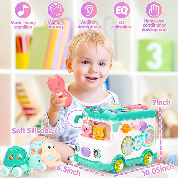 Baby Gift for 1-2 Year Old Girl, 10-in-1 Montessori Toys Bus for Baby 6-12-18 Months+, First Christmas and Birthday Gifts, Blue Educational Musical Sensory Learning Toddler Toys Age 1-2