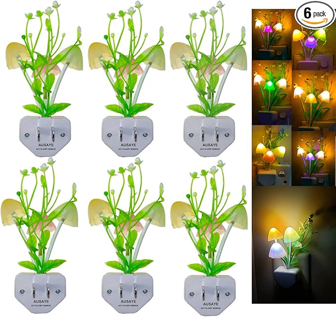 AUSAYE Sensor Night Light Plug in Mushroom Light LED Color Changing Nightlights for Kids, Adults, Bedroom, Bathroom,Hallway, Stairs, Kitchen Pack of 6