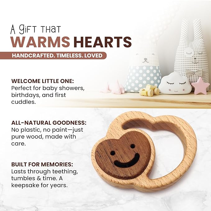 Baby Essentials – Wooden Teething Toy for 3–6 Months | Natural Baby Rattle | Safe Toys for Newborns