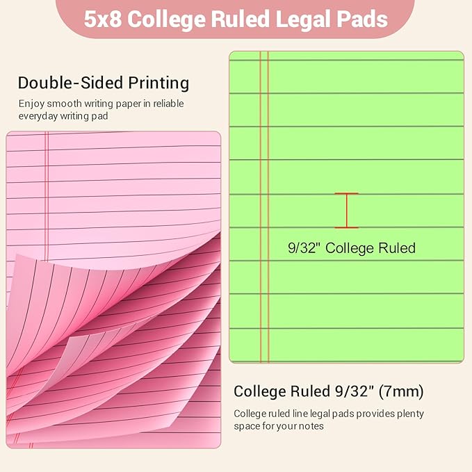 Legal Pads 5x8 Small Note Pads Colored Notepad, 9 Pack, Narrow Ruled Lined Paper, Micro Perforated Writing Pads Memo Pad, 30 Sheet/Note Pads, Notebook Paper Tablet for School, Colored Legal Pad 5x8''