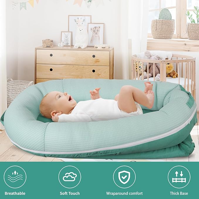 Baby Lounger, Deluxe Infant Lounger, Baby Nest Cover for Baby, Breathable Cotton, Adjustable Baby Floor Seat for Tummy Time, Newborn Essentials for Baby 0-12 Months (Greener)