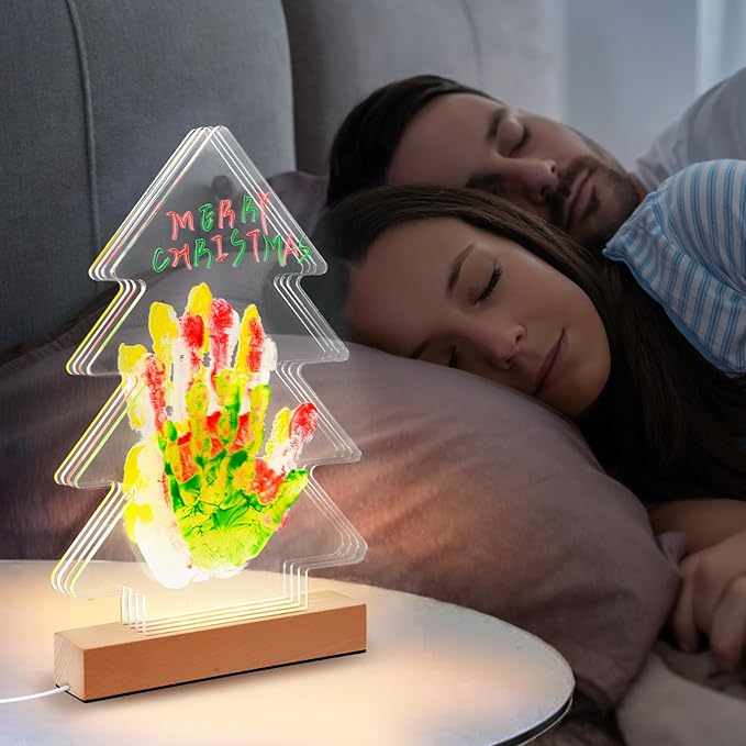 Cepairng 4-Layer Christmas Tree Family Handprint Kit with Light,New Parents Gift for Couples,Baby Shower Gifts for Mom Dad,First Birthday Gifts for Girls Keepsake Boys Personalized(Wood Color)