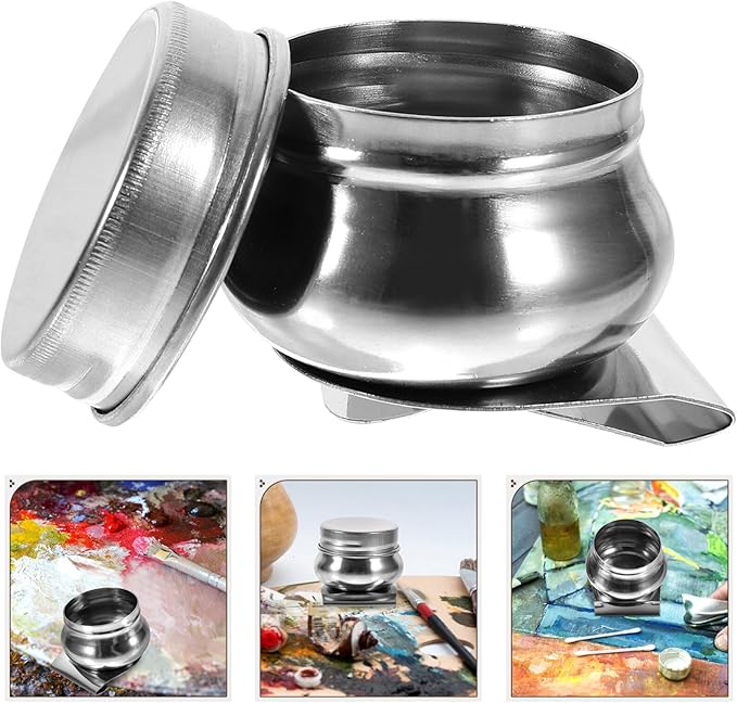 SEWACC 2pcs Stainless Steel Brush Cleaning Pot Lid Mouth Palette Cup for Oil Painting and Sturdy Dipper Container for Home Schools and Training Centers