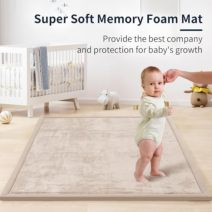 ACOMOPACK Baby Play Mat for Floor 1.3" Thick Memory Foam Play Mat 59"×71" Tummy Time Crawling with Non-Slip Bottom for Living Room,Nursery,Soft Velvet Playpen Mats for Kids,Infants（Beige）