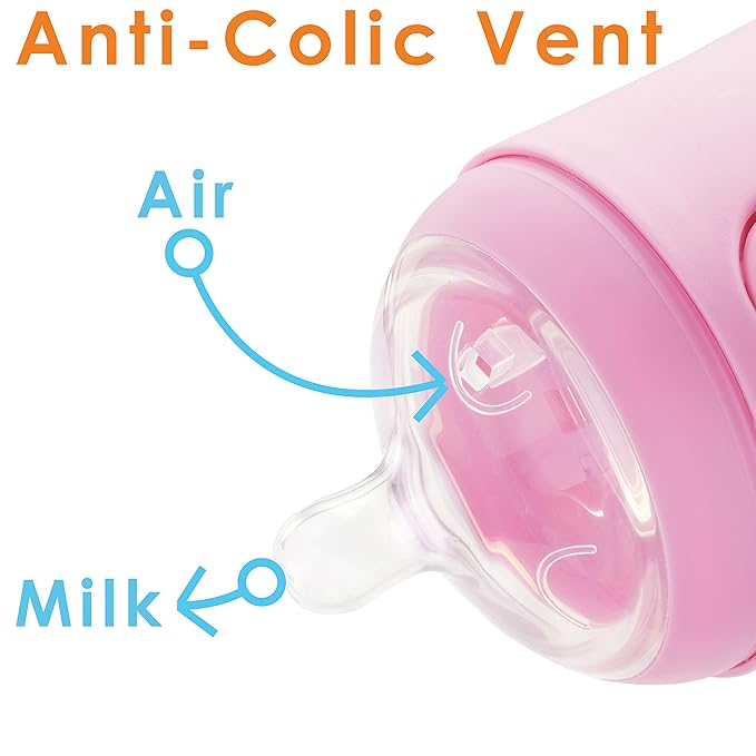 PopYum Pink Formula Making Baby Bottle Starter Set, 4-Pack, 2X 5oz Bottles with #1 Slow Flow Nipples + 2X 9oz Bottles with #2 Medium Flow Nipples, Mixing, Dispenser