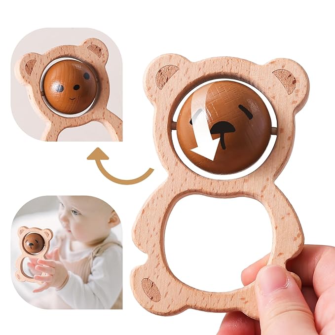 Wooden Baby Rattle Toys, Newborn Rattle Toys 0-12 Months Handmade Baby Clutching Toys | Natural Wooden Baby Teething Toys | Baby Shower/Birthday Gifts (Cute Bear Rattle)