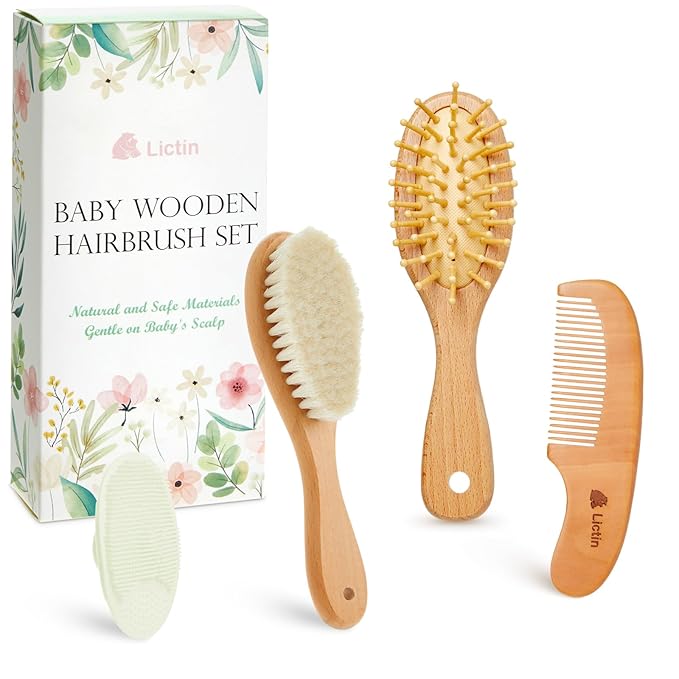 Lictin Baby Hair Brush and Comb Set, 4 Pcs Newborn Hair Brush with Soft Bristle, Natural Goat Hair and Wood Baby Cradle Cap Comb for Newborns & Toddlers, Newborn Baby Essentials, Perfect Registry Gift