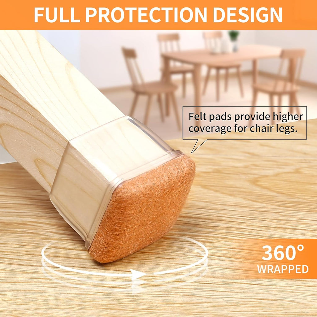 Ezprotekt 8 Pcs Extra Large Square Chair Leg Floor Protectors, Silicone Felt Furniture Pads for Hardwood Floor, Dining Table Bar Stool Leg Protectors Leg Cups Covers (XL Fit: 1.5" - 2", Clear)