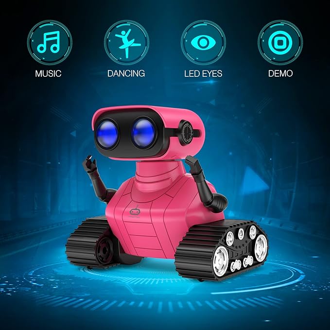 ALLCELE Robot Toys, Rechargeable RC Robots for Kids Boys, Remote Control Toy with Music and LED Eyes, Gift for Children Age 3 Years and Up - Rose Red