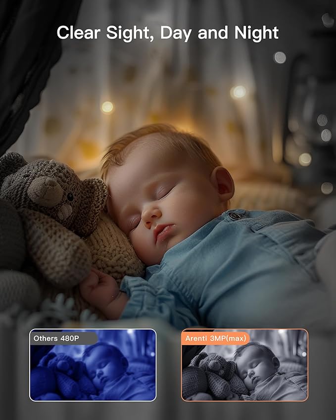 ARENTI Baby Monitor with 2 Cameras, 2K/3MP WiFi 6 Camera and Audio, 5-inch Wireless Screen, Smartphone App, Super Night Vision, Crying Detection, Auto Tracking, Temp&Humidity Sensor (D3 Set)