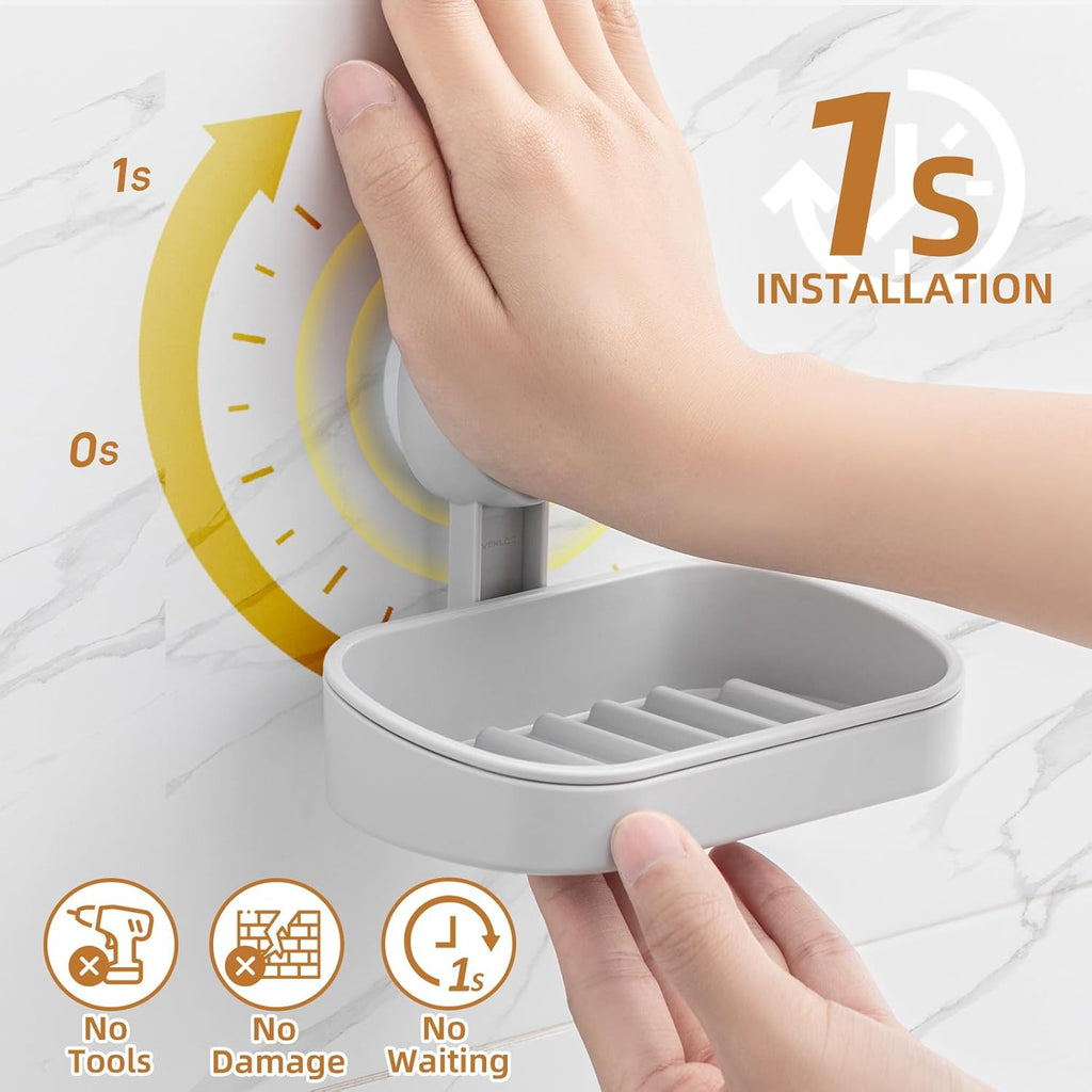 LEVERLOC Soap Dish Holder for Shower Suction Cup Wall Mounted Self Draining NO-Drilling Removable Bar Soap Sponge Holder for Bathroom Bathtub Kitchen Sink Waterproof Strong Vacuum Suction, Grey