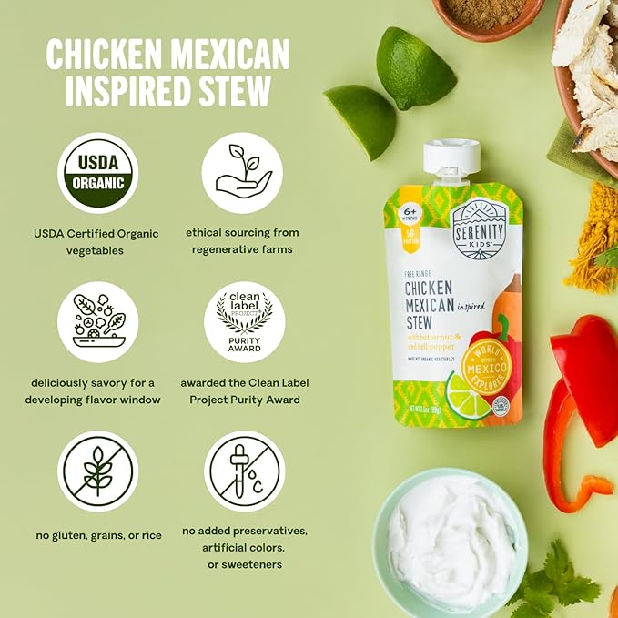 Serenity Kids 6+ Months World Explorers Mexican Chicken Baby Food Pouches - Chicken Mexican Stew - BPA-Free Organic Baby Food Puree with Protein & Veggies - 3.5 Oz, 6 Count