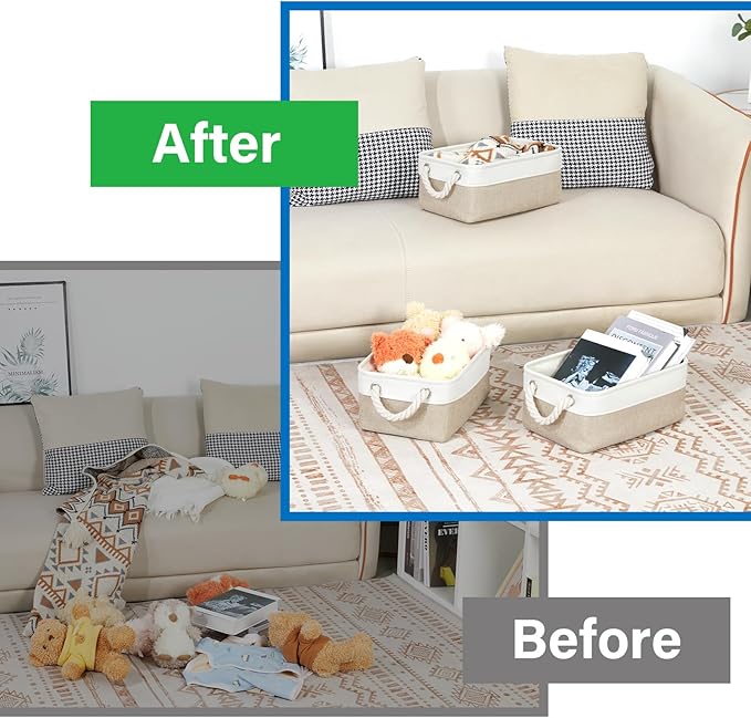 Bidtakay Small Baskets Fabric Storage Baskets for Organizing 3-Pack 12x8x5 Inch Collapsible Storage Bins for Shelves Canvas Bins for Closet Organization Baskets Storage Linen Closet S-White&Beige